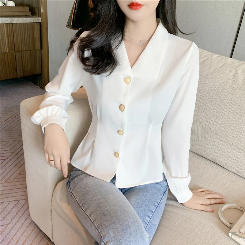 

Autumn 2020 new solid color temperament long-sleeved shirt women's V-shaped lapel design sense waist pleated slim chiffon shirt