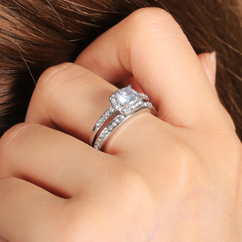 Huitan 2 шт. свадебное кольцо с круглым блестящим кубическим цирконием в форме зубца