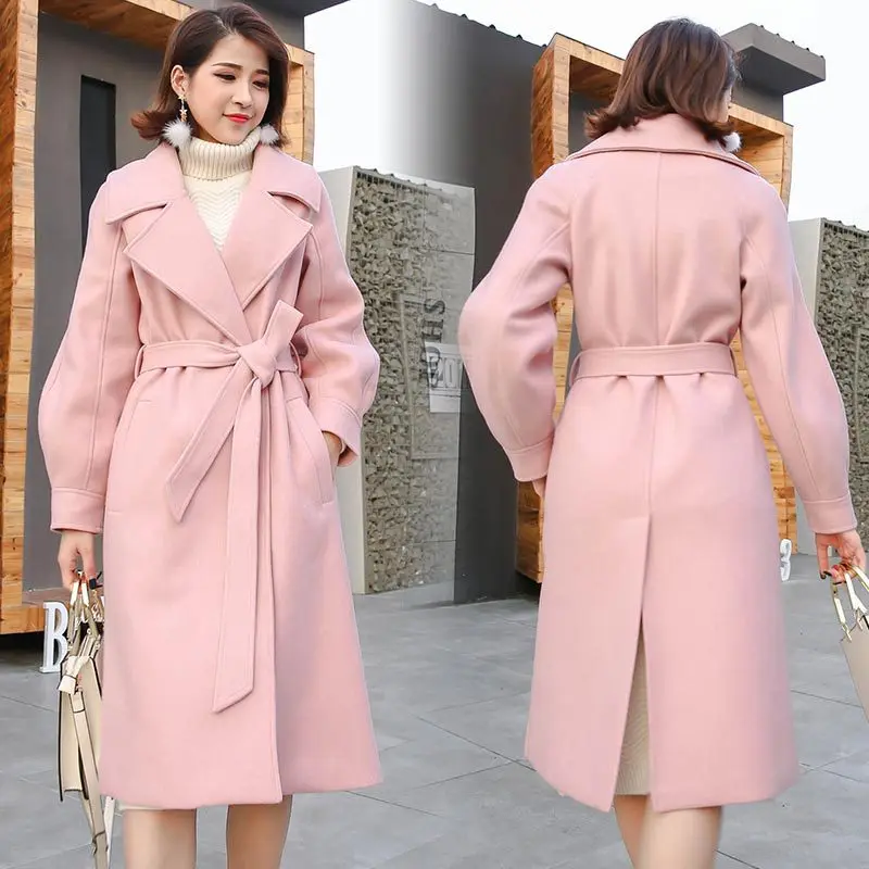 

Winter Woman Coats 2019 Autumn and Winter New Pink Woolen Coat Long Section Fashion Thickening Woolen Coat Female