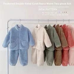 Vêtements de maison pour enfants, pyjama Double face en molleton de corail, ensemble deux pièces chaud, couleur unie, pour garçons et filles 