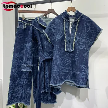

Tpmaccool luxury designer HIGH END 2020 women Plant Bird Butterfly Printed Burr Denim Top Pants Dress sets three piece outfits