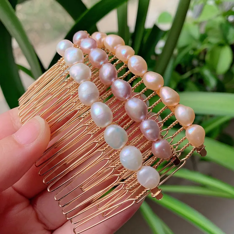 Eleganter natürlicher Süßwasserperlen-Haarschmuck, Hochzeit, Braut-Haarschmuck, lila, weiß, Nugget, barocker Perlenkamm, französischer Clip – Detail 16