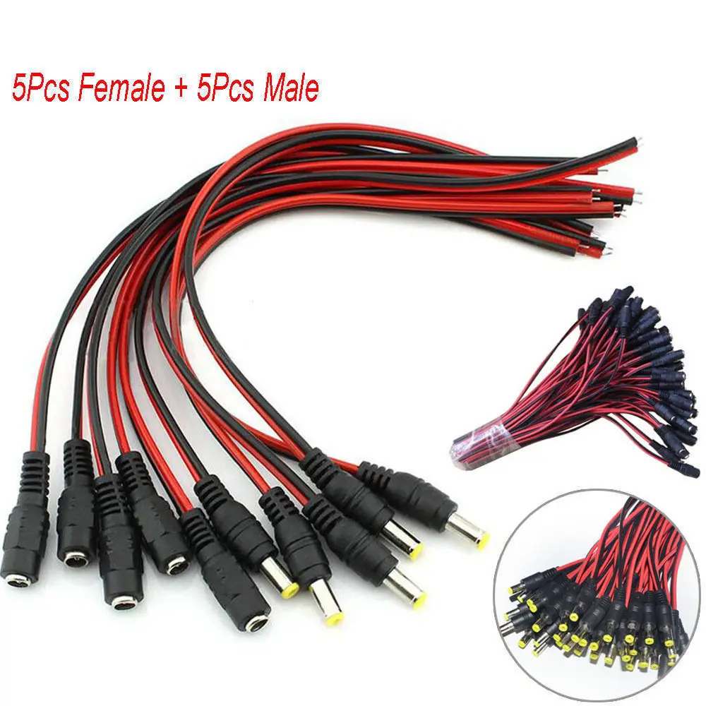 Female 12V DC Power Socket Jack Plug Connector Cable Wire 10Pcs 5.5x2.1mm Male
