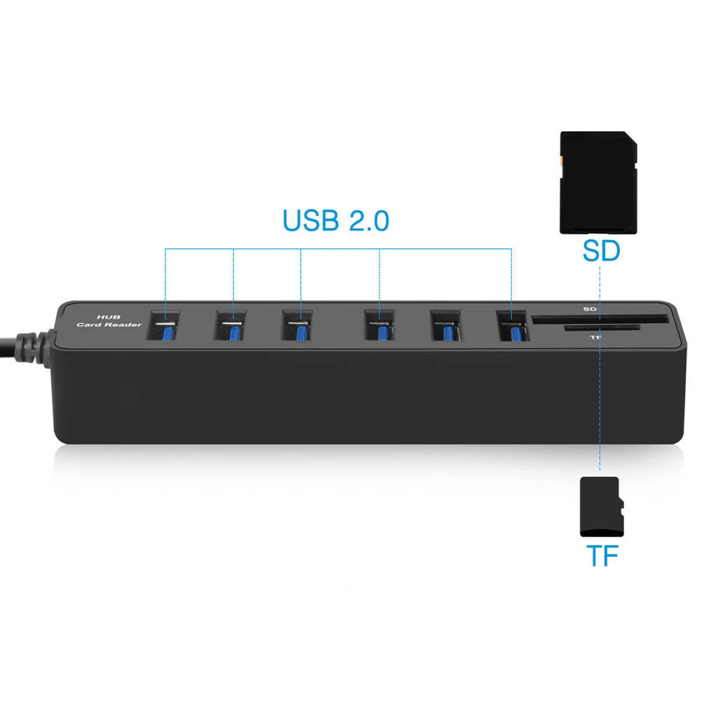 USB концентратор 3,0 Мульти USB 2,0 концентратор Высокоскоростной 6 портов USB 2,0 SD/TF кардридер концентратор переходник разветвитель комбо для компьютера ноутбука