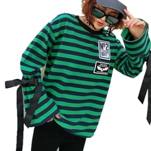 Vefadisa/футболка в зеленую полоску, женская рубашка с длинным рукавом и бантом, пуловер, свободная футболка, Harajuku, весенние топы, ZLD033
