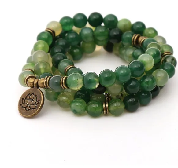 

green 108 beads 8mm elastic adjustable Lotus life tree Buddha OM eye Chakra Reiki agate Onyx Yoga Bracelet necklace uh4d