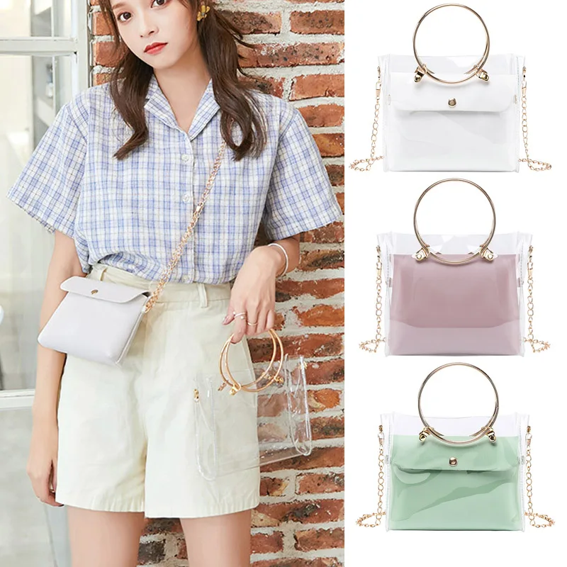 

New Arrival Women PVC Transparent Square Bag Clear Satchel Bag Crossbody Chain Small Jelly Ring Handle Handbags