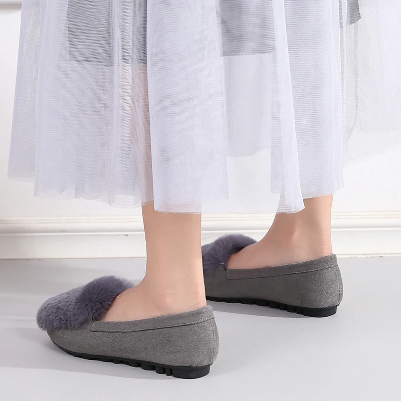 Winter Shoes Woman Flats Rabbit Fluffy Fur Faux Suede Leather Warm Loafers Soft Sole Roll Egg Peas Ballet Flat Mother Shoes