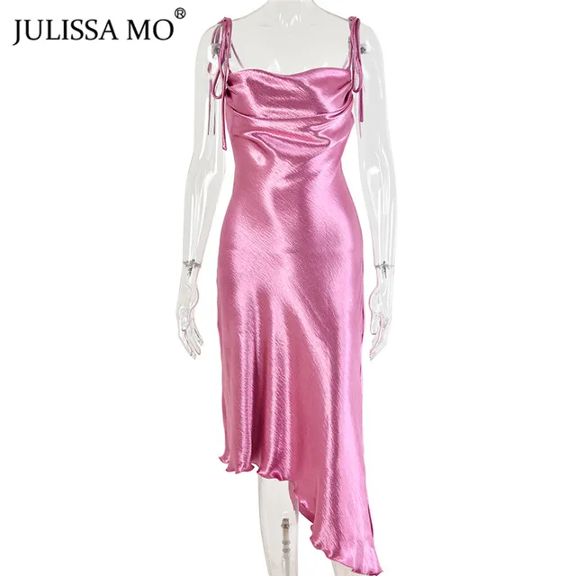 Julissa mo Metallic Satin Straps Long Dress Summer Backless Women Asymmetrical Dress Female Elegant Christmas Party Vestidos 6