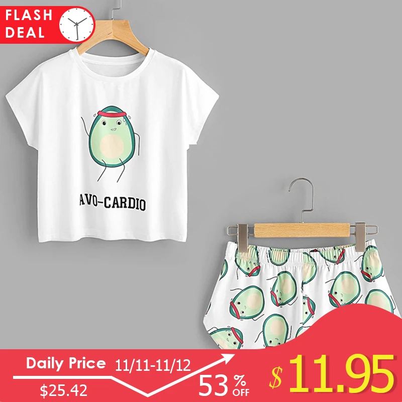 Günstig Dotfashion Cartoon Avocado Druck T Und Shorts Set Frauen Pyjamas 2019 Kurzarm Casual Pyjama Set Weibliche Stretch Nachtwäsche
