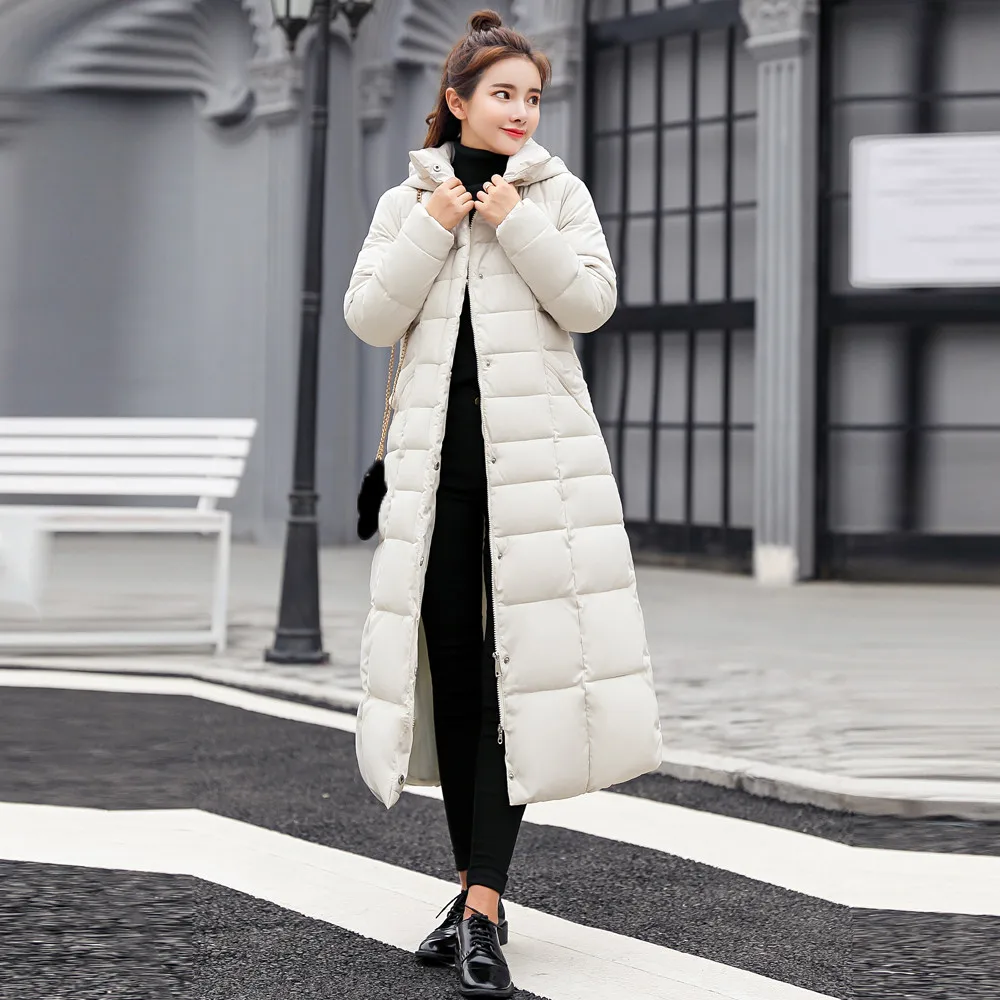 Большие размеры, зимнее женское пальто, однотонное, с хлопковой подкладкой, с меховым капюшоном, длинное пальто, куртки с карманом, облегающее женское длинное пуховое пальто