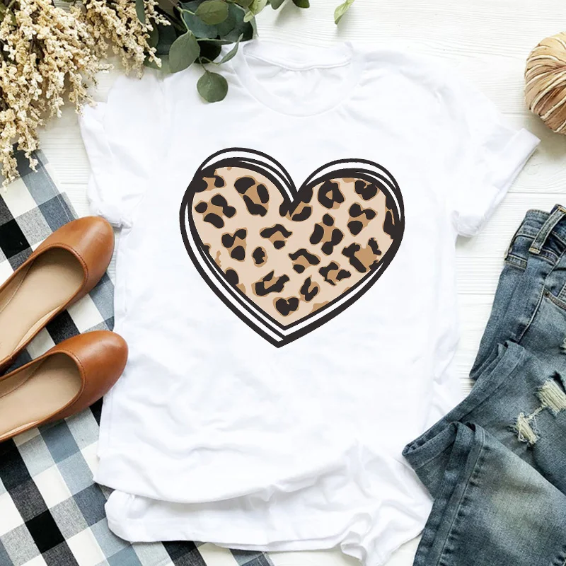 

Women Lady T Shirt Leopard Love Heart Printed Tshirt Ladies Short Sleeve Tee Shirt Women Female Tops Clothes Graphic T-shirt
