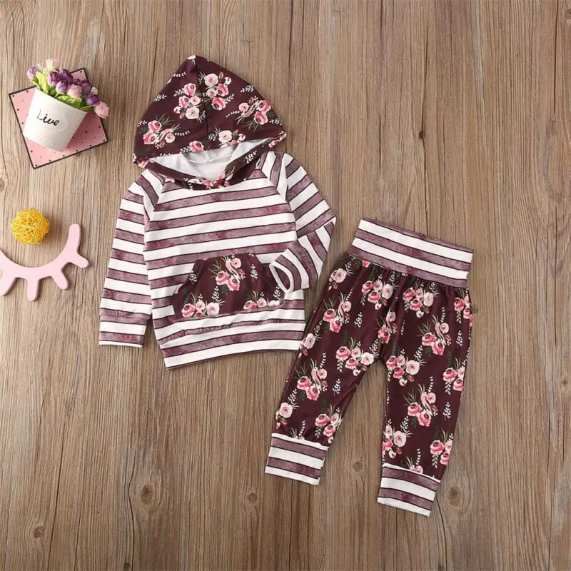 ImCute/ г.; Одежда для новорожденных девочек; топ в полоску с длинными рукавами и цветочным принтом; штаны с капюшоном; комплект одежды; Спортивный костюм; От 0 до 2 лет