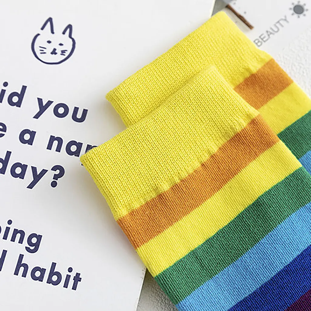 Women's Rainbow Striped Pile Of Socks In The Tube Casual Cotton Socks Girl Fashion Elasticity Candy Color Fashion NEW