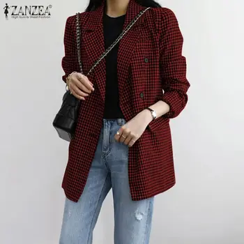 

ZANZEA Stylish Long Sleeve Plaid Check Blazers Women OL Work Jackets Double-breasted Blazer Suits Autumn Casual Thin Outwear