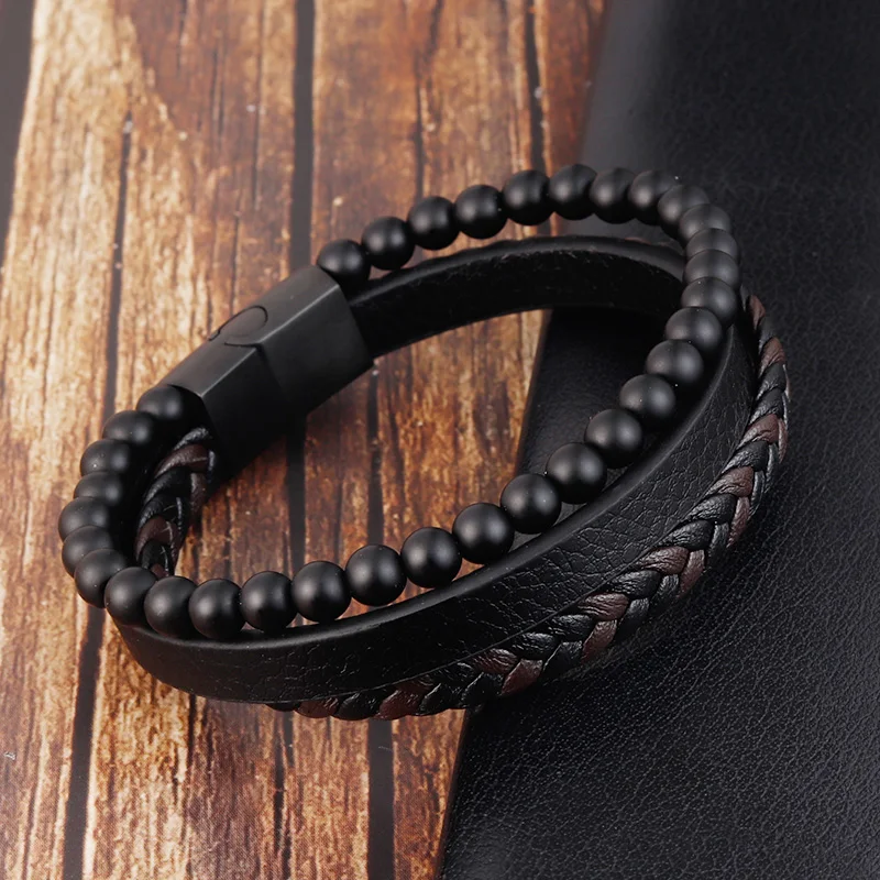 Charm Rope Stainless Steel Magnetic Natural Stone Leather Man Bracelet Beaded Braclet Volcanic Stone bracelet bangles Chain Gift