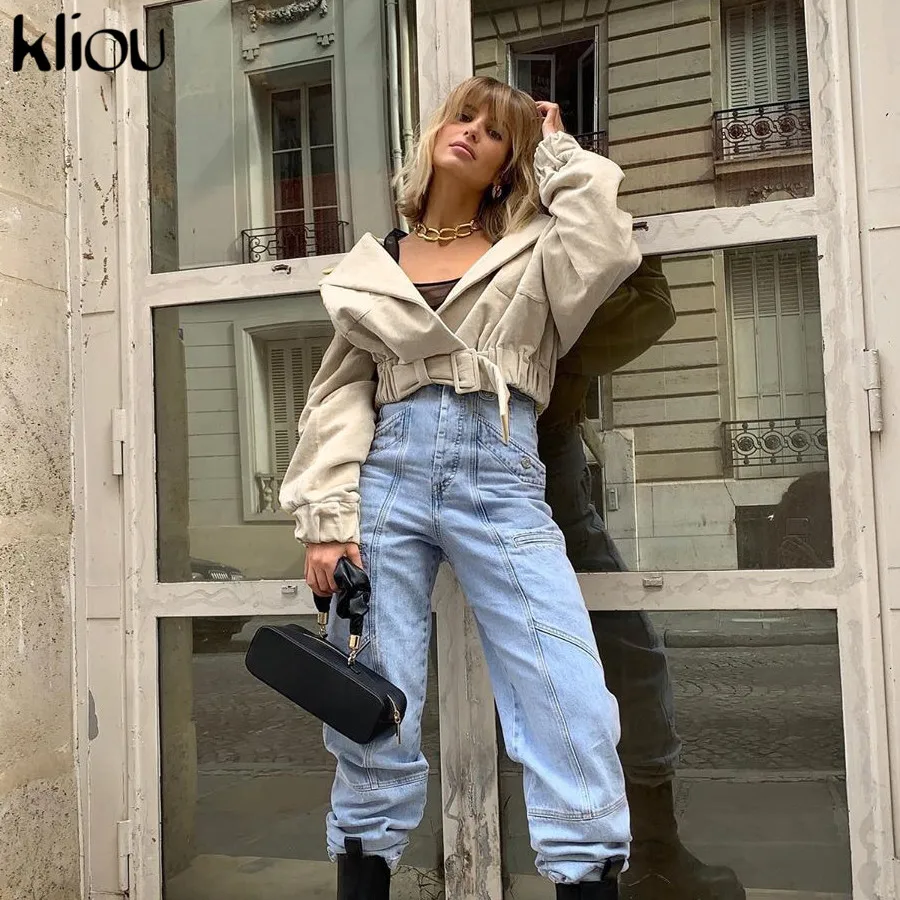 Kliou осень зима элегантные модные короткие топы Свободные женские пальто Высокая Уличная Повседневная Офисная Леди пояса для верхней одежды тонкая куртка