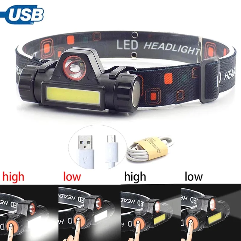 

USB port rechargeable headlamp frontal flashlight super bright 2 LED COB XPE hoofdlamp for Camping outdoor head light Torch lamp
