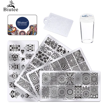 

Biutee Nail Art Stamp Stamping Templates Stamper Scraper Kit 4 Manicure Plates Set with 1 Polish Stamper Leaves Flowers Decor