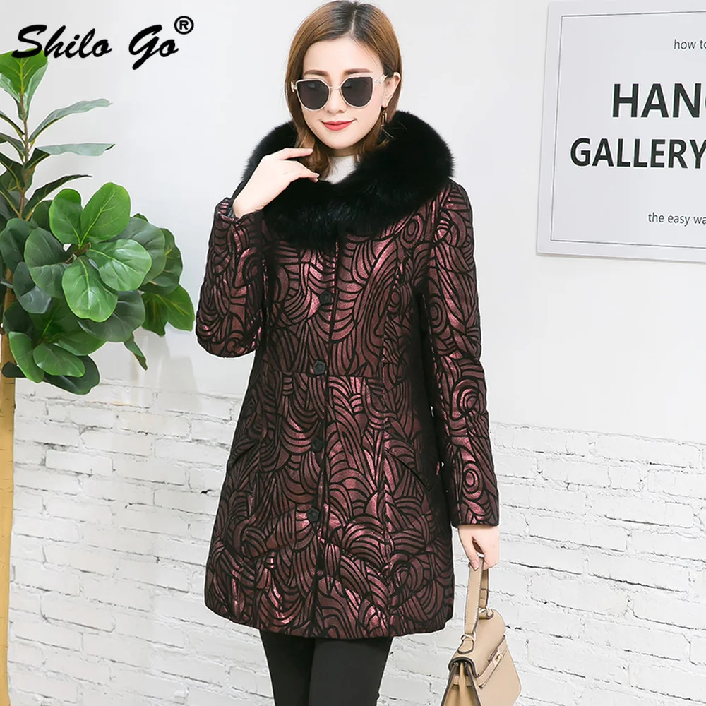 7XL Plus Size Genuine Leather Coat Highstreet Real Fox Fur Collar Hooded Floral Print Sheepskin Long Coats Women Winter Outwear
