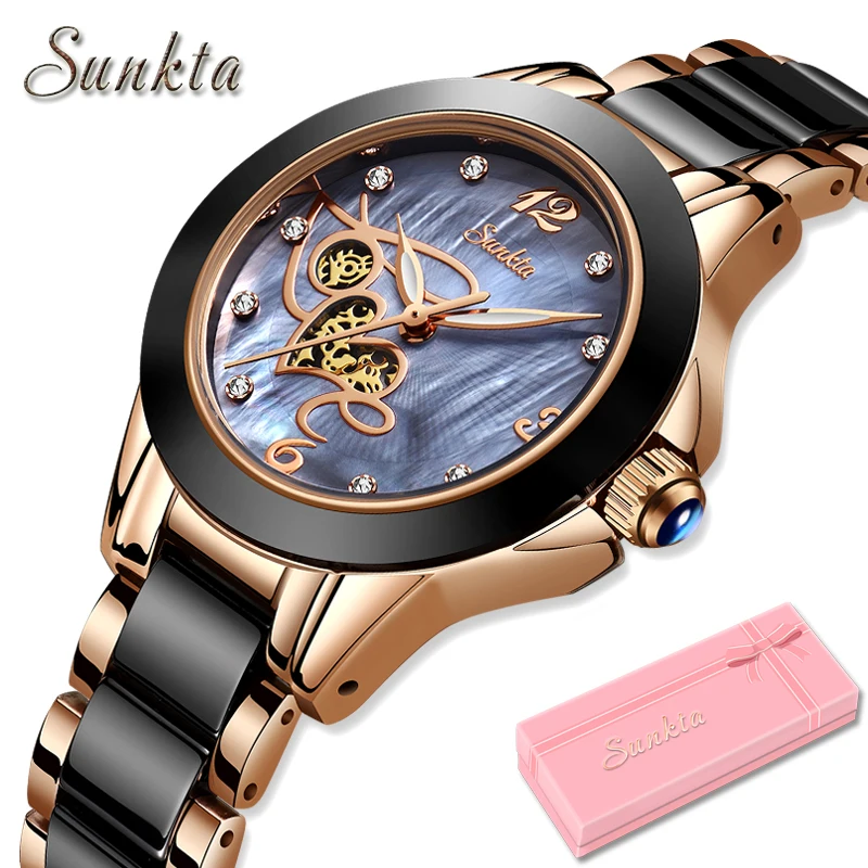 

SUNKTA New Ceramic Watch Women Quartz Watches Ladies Top Brand Luxury Female Wrist Watch Girl Clock Wife gift Zegarek Damski+Box