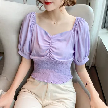 

COIGARSAM French Style Chiffon blouse women New Summer Puff Sleeve V-Neck blusas womens tops and blouses White Purple 972