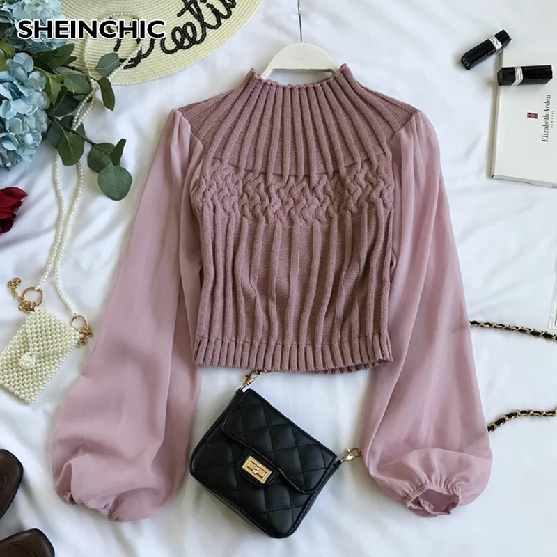 Pink Осень, Высококачественная женская блузка, элегантная, длинный рукав, вязанная блуза, Blusas, Ретро стиль, Круглый ворот, свободная, пэчворк, блузка, женские топы - Color: Pink