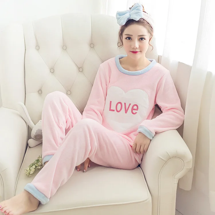 

[[Jun xin]] Autumn And Winter Thick Flannel Pajamas Peach Heart LOVE Homewear Set