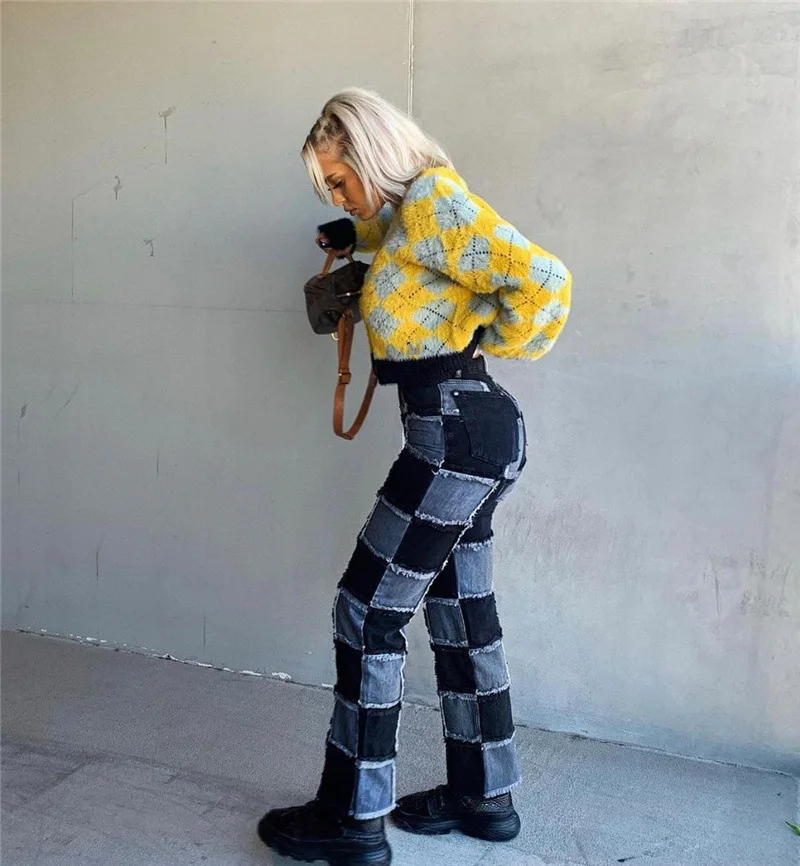 Autumn French Blouse Women's Retro Contrast Color Rhombus Sweater Furry Lazy Style Knitted Cardigan 2023 Ladies New Short Coat