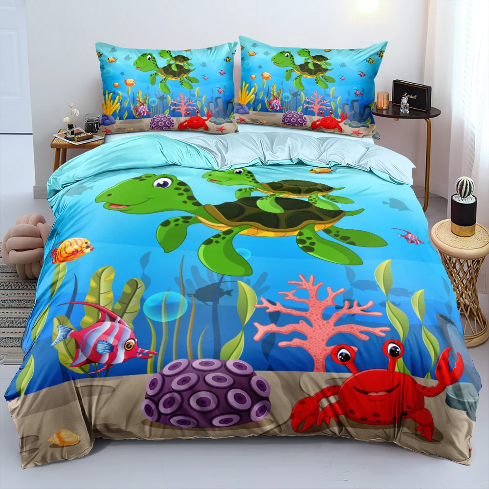 HD Cartoon Sea World Linens Bed Blue Custom Design Quilt Cover Set Full Double King Size 203x230cm Bedding for Children Gift | Дом и сад