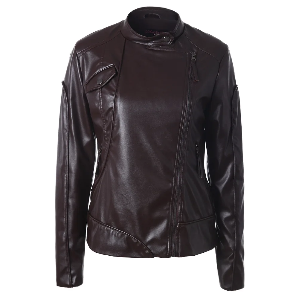 

Winter Women Solid Color Stand Collar Side Zipper PU Leather Biker Jacket Fashion Women's Commuting Coat