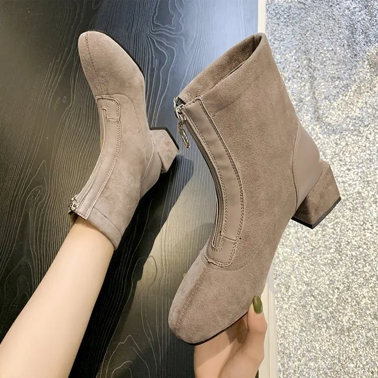 Женские ботинки средней высоты на квадратном каблуке; Zapatos de mujer; модные однотонные Ботинки martin из флока; повседневные женские ботинки «Челси»; короткие плюшевые ботинки