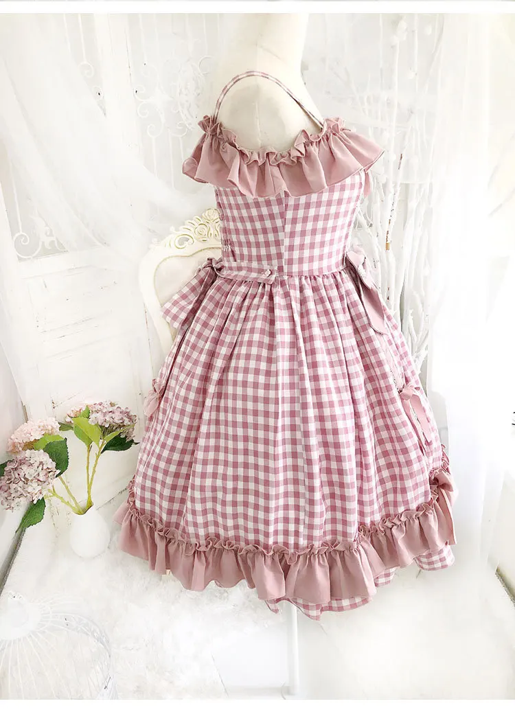 Клубничный мусс тема Kawaii Лолита Сексуальная с открытыми плечами розовый плед Холтер платье женская элегантная принцесса оборками платье Лето
