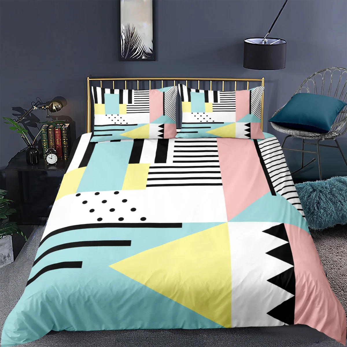 Geometric Splicing Marble Bedding Set Colorful Duvet Cover Abstract Pattern Printed Comforter Bed Set King Size For Girl/Adult 