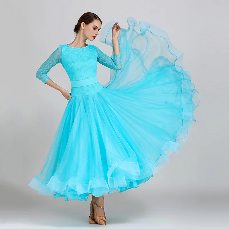 Lake blue Ballroom Competition Dance Dress Women lace Sleeves Tango Waltz Standard Dress Modern dance Costumes