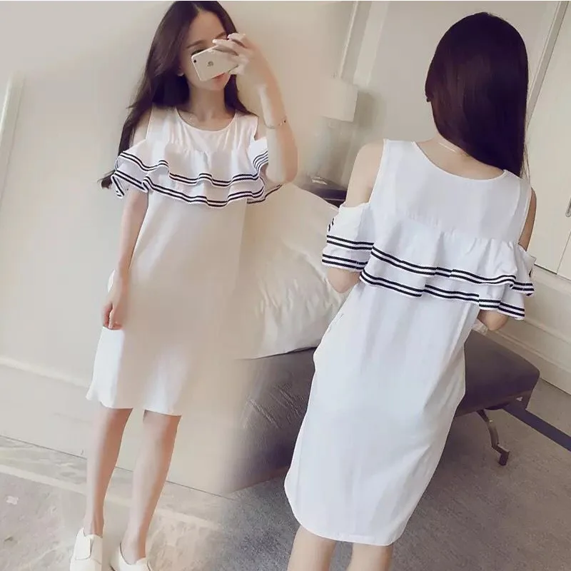 

WOMEN'S Dress 2019 Summer New Style Korean-style Flounced Stripes off-Shoulder Dress Short Sleeve T-shirt Women's