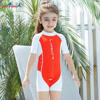 

3-9 Years Summer One Piece Swimsuit Kids Boy Girls Short Sleeve Swim Swimwear Sun Protective Children Rash Guard Bathing Suits