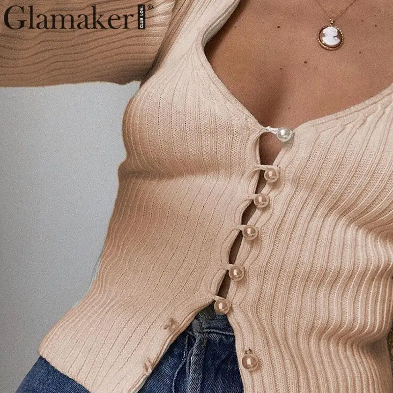 Glamaker, вязанная короткая блузка с v-образным вырезом, женская элегантная облегающая блуза на пуговицах с длинным рукавом, женские вечерние блузки на осень и зиму