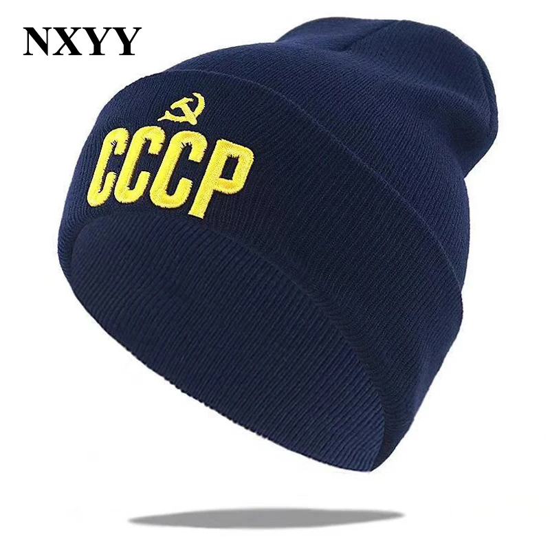 

NXYY 3D Embroidery Knitted Hats for Men Women CCCP USSR Soviet Badges Sickle Hammer Russia Emblem Communism Beanie Winter Caps