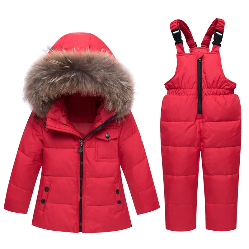 30 градусов для малышей и детей постарше утепленный Теплая куртка-пуховик с подкладкой+ штаны с подкладкой для малышей Реальный меховой воротник зимний пуховый комплект, комплекты одежды, детский лыжный костюм - Цвет: Red