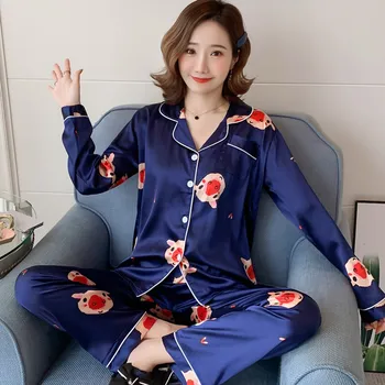 

FZSLCYIYI Autumn Women's Silk Long Sleeve Pajamas Set Loose Print Women Sleepwear Set Elastic Long Pants Party Pajamas