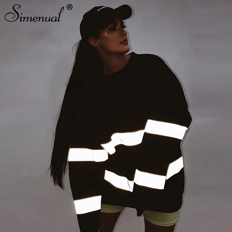  Simenual Casual Oversized Sweatshirts Women Reflective Striped Fashion Hoody 2019 Autumn Winter Lon