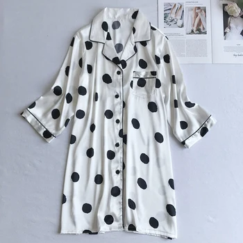 

Silky Print Dot Nightgown Sleepwear Satin Women Sexy Kimono Gown Nightdress Casual Bathrobe White Loose Suspender Skirt Homewear