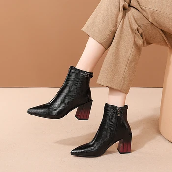 

Genuine Leather Wedding Party Boots Elegant Ladies Boots Newest Mixed Colors thick high heels Boots Side Zipper Shoes Woman