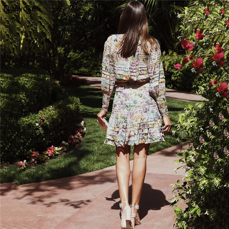 

Truevoker European Designer Resort Dresses Women's High End Noble Puff Sleeves Multicolor Floral Printed Boutique Vestidoes