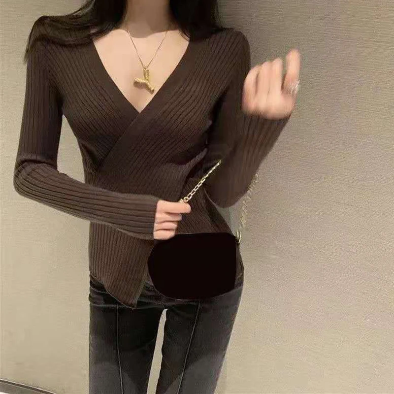 

Lucyever Sexy Cross Deep V-neck Women's Sweater Fashion Slim Fit Ribbed Ladies Sweaters Solid Long-Sleeves Knitted Pullover Tops