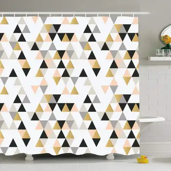 

Shower Curtain Set with Hooks 72x78 Abstract Black Pattern Print Triangles Paper with Summer Modern Metallic Hand Pink Textures