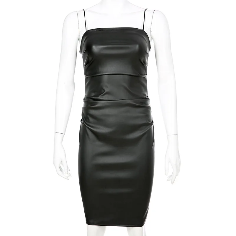 Ellolace Fashion Pu Leather Black Midi Dress Women Spaghetti Slim Dresses Party Elegant Lady Backless Dresses 2019 Sexy Clothes