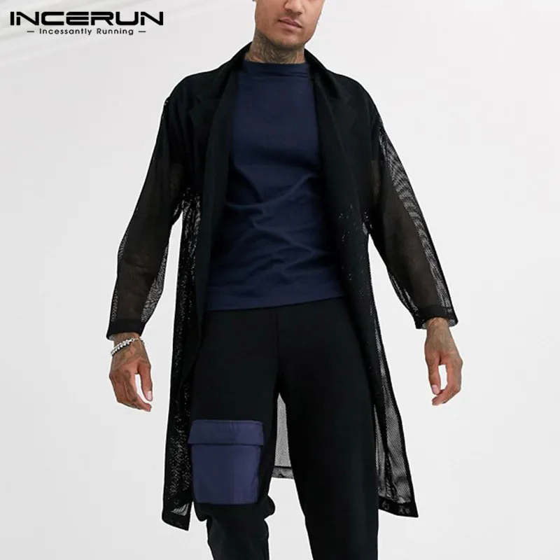 INCERUN Fashion Mesh Men Shirt Long Outerwear Solid Sexy Open Stitch See Through Long Sleeve Streetwear Mens Tops Cardigan 2020 INCERUN Fashion Mesh Men Shirt Long Outerwear Solid Sexy Open Stitch See Through Long Sleeve Streetwear Mens Tops Cardigan 2020