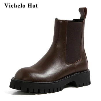 

Vichelo Hot Chelsea boots natural leather platform handmade round toe thick med heel slip on pretty girls maiden ankle boots L34